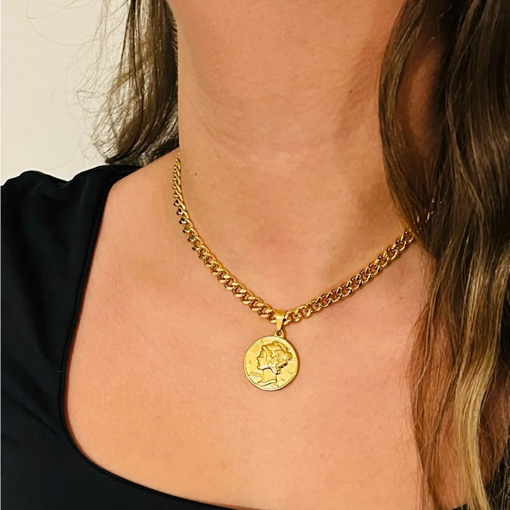 Gold Coin Pendant Necklace Stainless Steel - Picture 2 of 7